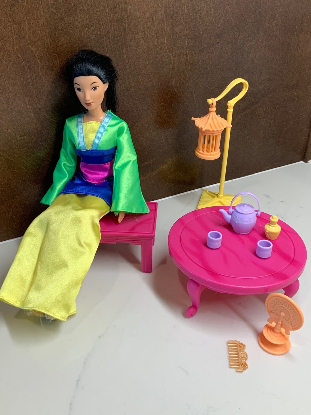 Disney Mattel Mulan Barbie Doll and Accessories-Tea Table, Bench Cricket Cage